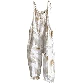 MARSVOVO Floral Printed Bohemian Jumpsuits for Women Sleeveless Spaghetti Strap Rompers Wide Leg Bib Overall with Pockets