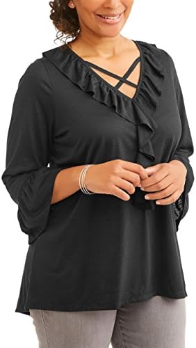 French Laundry Women's Plus 3/4 Sleeve Criss Cross Ruffle Front Top (Plus 3X, Jet Black)