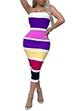 Ophestin Womens Off Shoulder Tube Stripe Print Bodycon Party Long Midi Pencil Dress