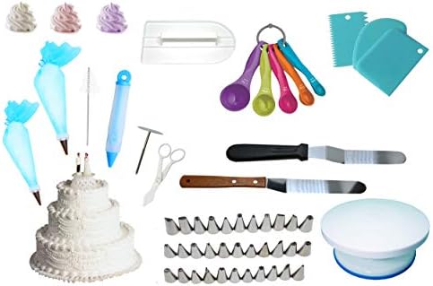 Cake Decorating Display with a Rotating Turntable Stand and 68 Pieces - Reusable Piping Bags and Tips, Measuring Spoons,Icing Spatula Cake Lifter, More,
