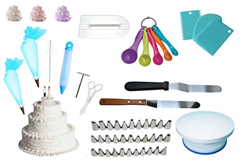 Cake Decorating Display with a Rotating Turntable Stand and 68 Pieces - Reusable Piping Bags and Tips, Measuring Spoons,Icing Spatula Cake Lifter, More,