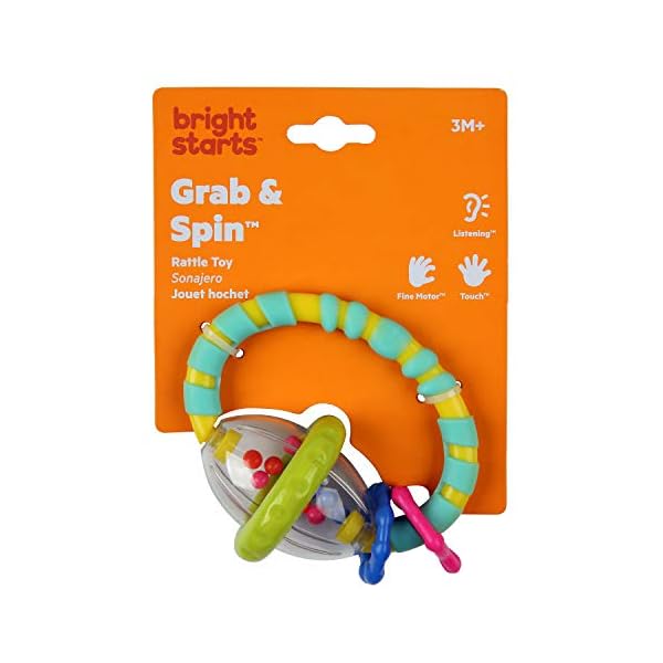 Bright-Starts-Grab-Spin-Rattle-and-Teether-Toy Bright Starts, Grab and Spin Baby Rattle Toy and Textured Teether Ring, Soothing relief, Multisensory Stimulation…