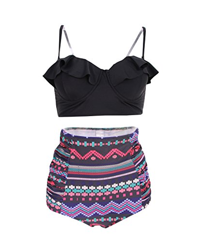 Vintage High Waist Floral Women's Bikini Set Strappy Push Up-X030-BKTFB3, Black L