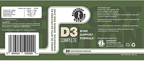 Barefoot Nutrition - Vitamin D3 with K2, Magnesium, Boron and Zinc Food Supplement 4000iu - 60 x 