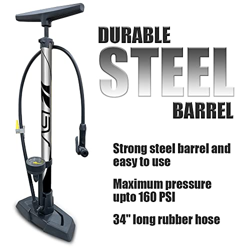 BV Bicycle Ergonomic Floor Pump with Gauge & Clever Air Valve, 160 psi, Reversible Presta and