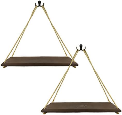 CasillasCo 17-Inch Rustic Rope Shelves, Hanging Wood Shelf With Hardware - Dark Walnut, Set of 2