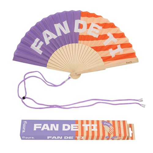 – Abanico original con mensaje “Fan de ti”. Abanico de madera moderno y colorido. Ventilador de mano morado y rayas naranja. Colgador incluido. Idea de regalo divertida. 42,5 x 23 cm