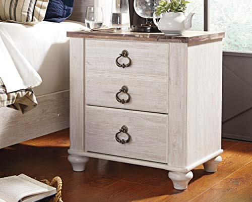 Ashley Furniture Signature Design - Willowton Nightstand - Rustic Farmhouse Style - White Wash