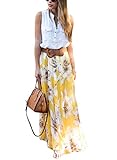 Asvivid Women's Boho Floral Print High Waist Pleated Chiffon Long Maxi Skirt