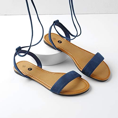 Rekayla Open Toe Tie Up Ankle Wrap Flat Sandals for Women Navy Blue 09