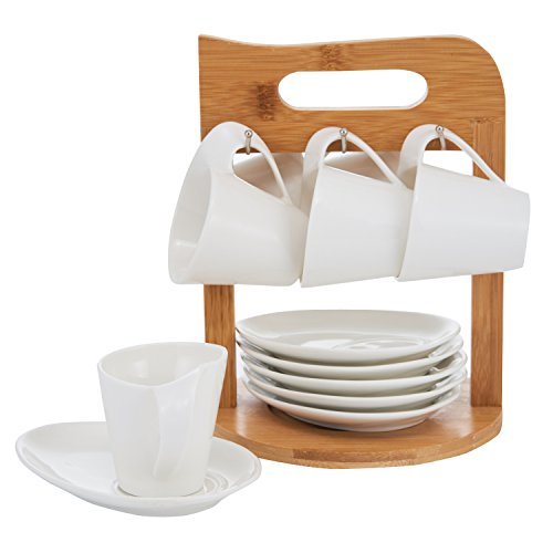 6pcs Porcelain Coffee Cup and Saucer Set, Ceramic Tea Cup Set with Wooden Bracket for Specialty Coffee Drinks Latte Mocha Cappuccino Table Decorative Dinnerware Favor Gift