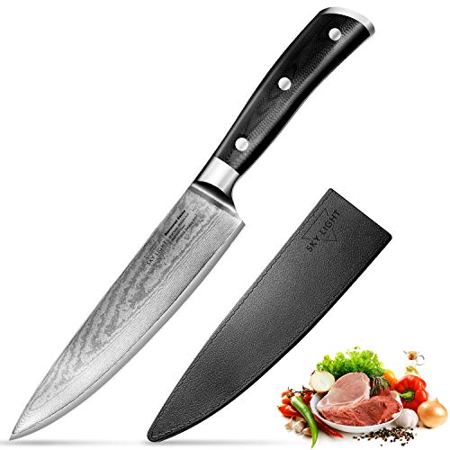 Damascus Chef Knife, 8-inch Kitchen Knife, AUS10V Japanese High Carbon Stainless Steel with Razor Sharp Blade/Gift Sheath/Gift Box Included