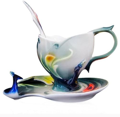 Choholete Porcelain Ceramic Tea Coffee Cup Set Elegant Army Green Peacock 1 Cup 1 Saucer 1 Spoon