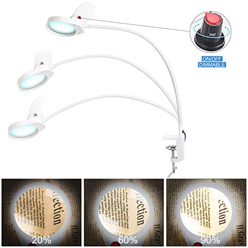 Dimmable Magnifying Glass Lamp with Clamp, LANCOSC Ultra Bright Lighted Real Glass Magnifier with 23" Flexible Gooseneck - Adjustable LED Light for Reading, Crafts, Hobbies, Tasks, Close Work (White)