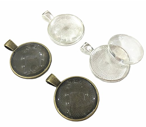 30 Pieces Silver Pendant Trays Round Bezel Pendant Blanks Cameo Bezel Cabochon Settings with 25 mm 30 Pieces Glass Cabochon Round Dome Tiles Clear Cameo,Totally 60 Pieces (Silver and Bronze)