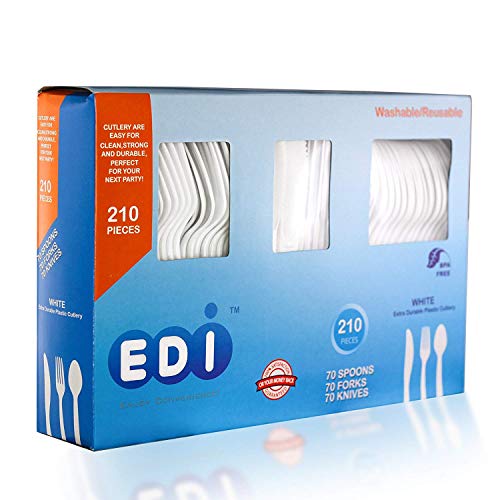 EDI White Disposable Plastic Cutlery Set 210 Count (70 Forks,70 Knives,70 Spoons)