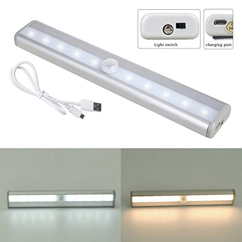 Rely2016 USB Lithium Battery Rechargeable Induction Wardrobe Lamp Under Cabinet Lamps Night Light Wall Light with 10 LED Motion Sensor Light, 3M Adhesive Tape, Magic Strip (Cool Light)