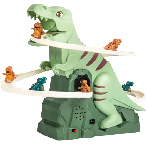 Dinosaur Chasing Race Track, Dinosaur Climbing Slide Track, Electric Dinosaur Roller Coaster with Light and Music, Birthday (Green)