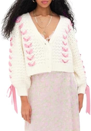 Women's Y2K Crop Cardigan Long Sleeve V-Neck Satin Ribbon Lace Up