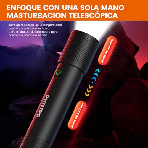 PHILIPS SFL2185 Linterna LED Recargable,10W Superbrillante Lampara de Mano, Linterna Impermeable con Zoom & 4 Modos de Luz, Adecuada para Senderismo, Caza, Camping, Emergencia