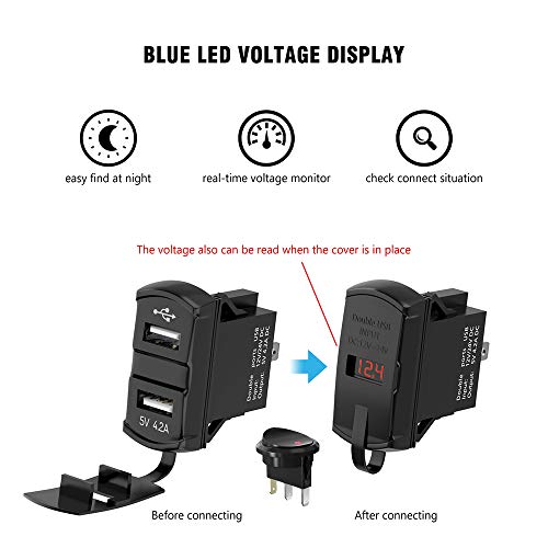 12V/24V USB Charger Socket Rocker Switch Dual USB Car Power Outlet with Red LED Voltmeter Marine Cigarette Lighter Adapter Waterproof 4.2A Fast Charge for Boat Motorcycle ATV RV Truck