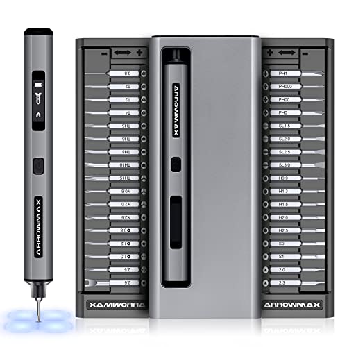 Electric Screwdriver- AM ARROWMAX Cordless Precision Screwdriver Set with 34 Magnetic Precision Bits, Smart Motion Control, Rechargeable Tool Kit for Electronics Laptops Glasses Watch (SES PRO), Gray