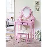 Roundhill Furniture 3415PI Moniys Moniya Pink Wood Makeup Vanity Table and Stool Set,