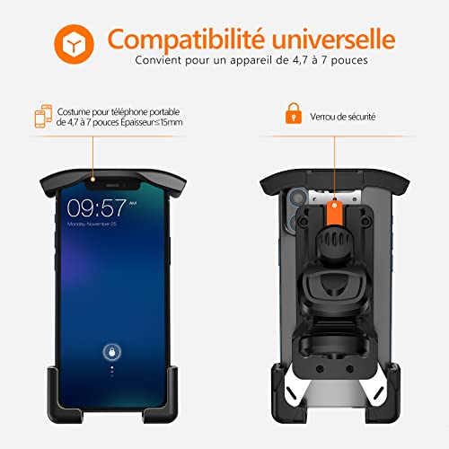 Support Telephone Moto, bedee Support Telephone Velo, Support Telephone Universel Rotatif à 360°, Protection Complète Antichoc, pour iPhone Samaung Smartphone GPS Tous Les Appareils de 4,7 à 7 Pouces
