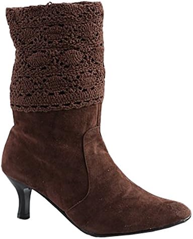 Sfnld Women's Trendy Pointy Toe Hollow Out Casual Kitten Heel Mid Calf Boots Brown 7.5 B(M) US
