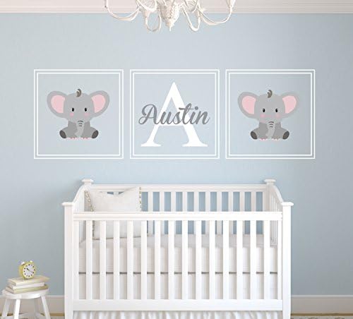 Custom Elephant Name Wall Decal - Nursery Wall Decals - Nursery Square Set Wall Decor Vinyl