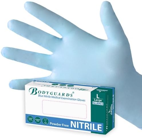 Bodyguards Blue Nitrile Powder Free Disposable Gloves AQL 1.5 Size Large, Case of 10 Box of 100 Gloves