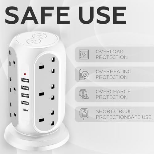 AMROAH 4000W 2m Cord Extension Tower Strip 12 Outlets 4 USB A 1 Type C 2 Switch, Surge Protector Multi Extension Tower Lead Multiplug Socket, Extension Cord with Multiple Plug for Home Office (White)