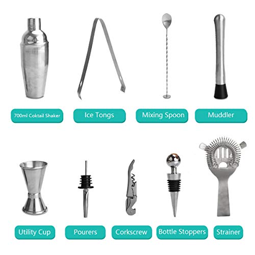 Bar Set, WOHOME Cocktail Shaker Bar Tools with Stylish Bamboo Stand- Stainless Steel Bartender Kit Premium Bartendering Tool for Home/Bars/Traveling and Outdoor Parties