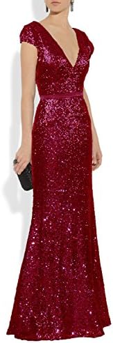 Mitchell SZ Women's V Neck Sequined Long Formal Evening Dresses Burgundy Size 26