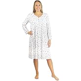 LA CERA Women's White Lilac Floral Print Cotton Knit Nightgown - 100% Cotton, Long Sleeves, Round Neck, Pleated Front