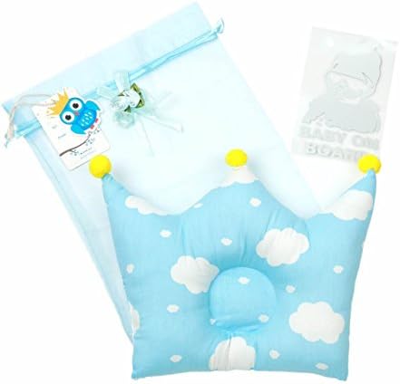 KooCoo Baby Pillow Version2 For Newborn, Cotton Fabric || Protection for Flat Head Syndrome || Come with + A Gift Bag + A Name Tag + A 'Baby on Board' Car Sticker || (Cloud Blue)