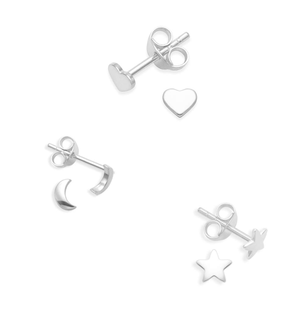 SET OF 3 PAIRS Sterling Silver Heart, Moon & Star Earrings set (one pair of each design) SIZE: Small - 5mm, 4mm & 4.7mm. Gift Boxed. MUCH SMALLER THAN SHOWN.5140HEART/SET