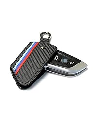 iJDMTOY Llavero de piel con patrón de fibra de carbono negro rayado con colores con cadena para control remoto de BMW, Negro