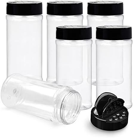 RoyalHouse Pack 16 Oz Plastic Spice Jars with Black Cap, Clear