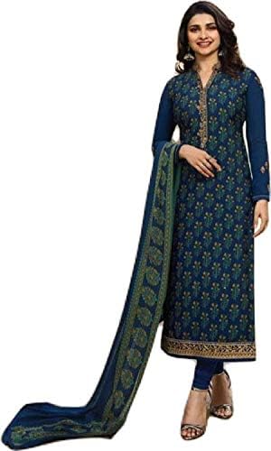 DRAVINAM Trends Women's Crepe Printed Embroidered Semi stitched Chudidar Salwar Suit Dress Material (Free size_Blue)