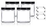 Large Clear Thick Glass Straight Sided Jar - 16 oz / 480 ml (4 pack) + Labels
