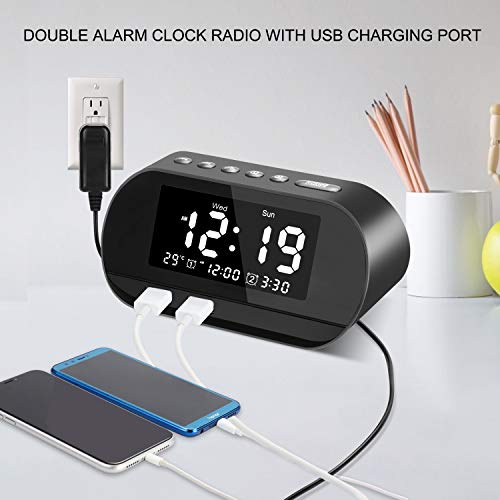 VEGKEY Digital Alarm Clock Radio, Small Alarm Clock with FM Radio, 6 Brightness, Dual USB Charging Ports, Temperature Display, Snooze, Dual Alarms with 6 Alarm Sounds for Bedrooms, Bedside, Desk