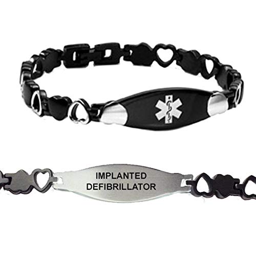 Implanted Defibrillator Black Heart Medical Alert ID Bracelet for