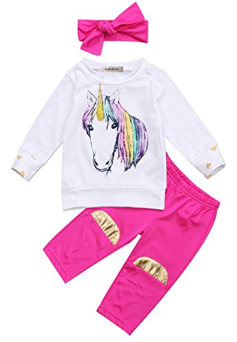 StylesILove Infant Baby Girl Unicorn Cotton Long Sleeve T-Shirt, Pants with Self-tied Headband (70/6-12 Months)