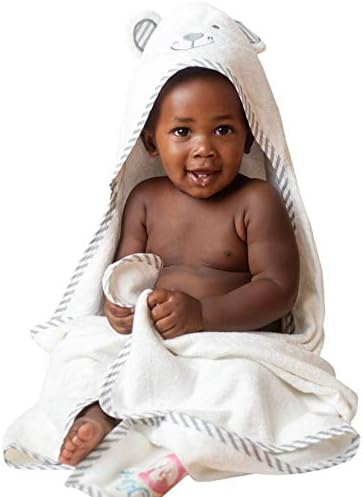 Khamit Kidz Pink Striped Border Organic Bamboo Baby Hooded Bath Towel and Washcloth 3 Piece Set w/Rubber Ducky Cute Teddy Bear on Hood Hypoallergenic Antibacterial 35"x35" Newborn- Pre-Schooler Sized
