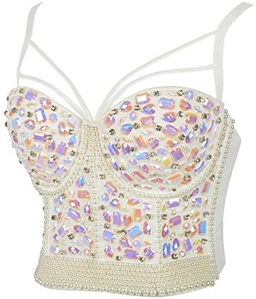 Handmade Pearls Rhinestone Beading Push Up Bra Dance Beaded Women Bustiers Bra Top