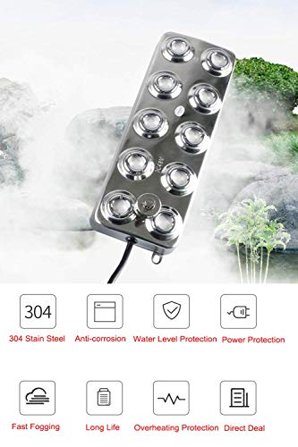 TTLIFE 10 Head Ultrasonic Mist Maker Fogger 250W 5KG/H Mist Maker Fogger Air Humidifier w/Transformer Accessories for Industrial Scenic Agriculture Greenhouse Hydroponics Garden/Lawn/Pond