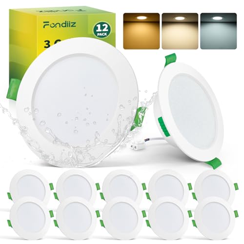 Fondiiz Pack of 12 Recessed LED Spotlights 68 mm, 5 W 220 V Recessed Ceiling Spotlights, Warm White 2700 K, Neutral White, 4000 K, Cool White, 6000 K, Adjustable, IP44 Bathroom LED Spotlight for Living Room, Kitchen, Round