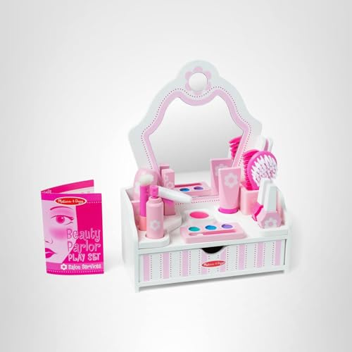 Melissa & Doug Wooden Beauty Salon Play Set, 18-Piece Vanity with Pretend Play Toys, Makeup, Mirror, Accessories & More, Preschool Toys for Girls & Boys Ages 3+ - FSC Certified