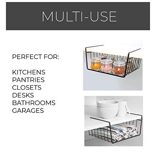 Smart Design Undershelf Storage Basket - Small - Snug Fit Arms - Steel Metal Wire - Rust Resistant - Under Shelves, Cabinet, Pantry, and Shelf Organization - 12 x 5.5 Inch - Bronze